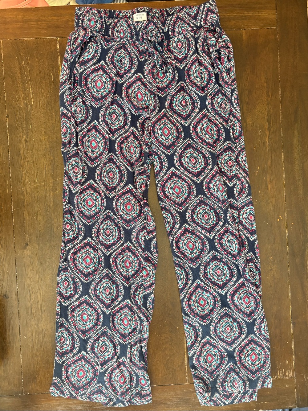 crown & ivy Navy Lounge Pants with Pink and Teal Medallion Print